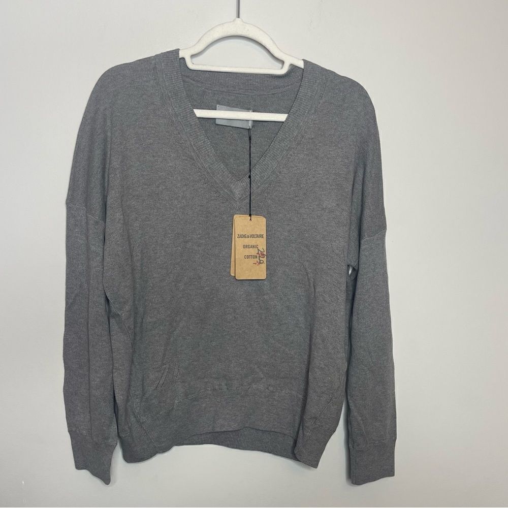 ZADIG & VOLTAIRE Brumy V-Neck Sweater Slub Cotton Gray Size Small - Picture 3 of 12